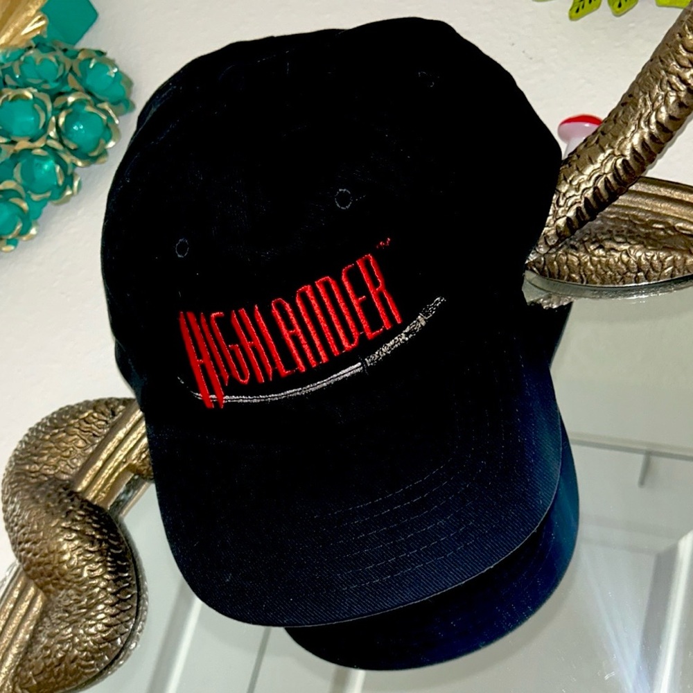 Vintage 90s Highlander Show Black Dad Hat with Red & Silver Embroidered Logo